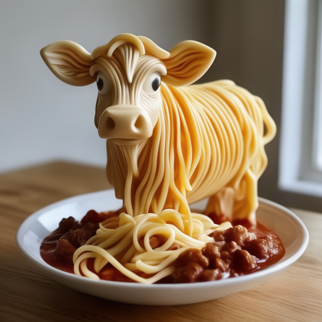AI generated: Stable Diffusion prompt: cow made of pasta, sauce, meatballs, standing, (Stable Diffusion - Photography)