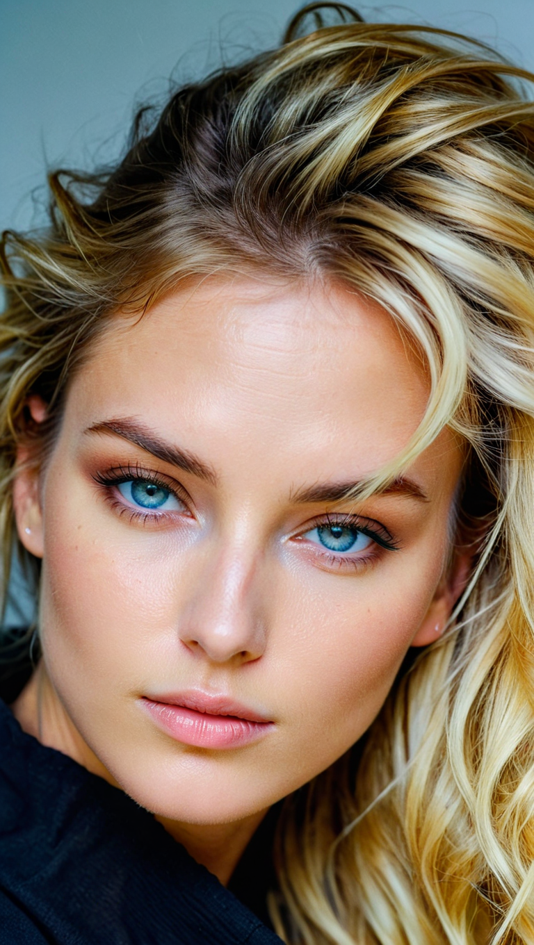 صورة مولدة بالذكاء الاصطناعي: Stable Diffusion prompt: Close-up, photograph of, a woman with messy blonde... (نموذج Stable Diffusion - تصوير فوتوغرافي)