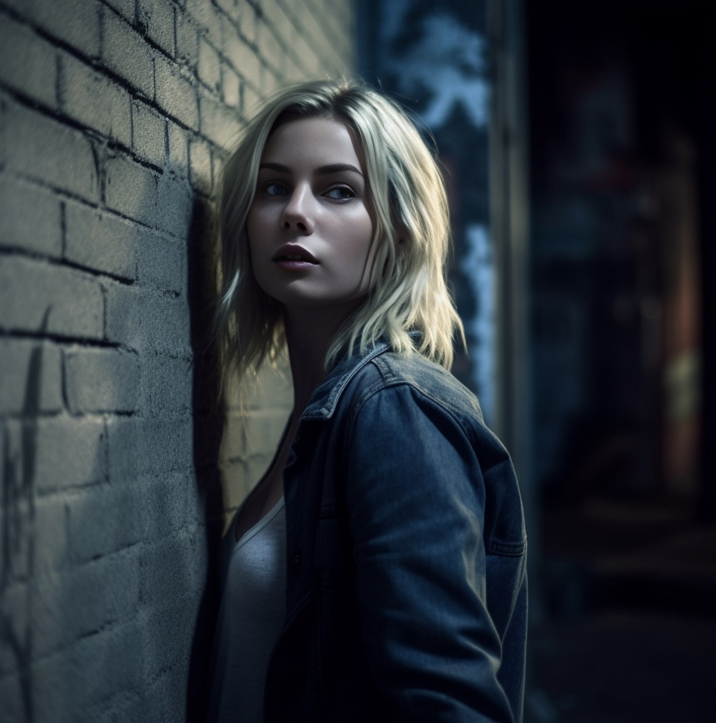 Midjourney prompt: A beautiful blonde girl leaning against a wall in ... - Midjourney