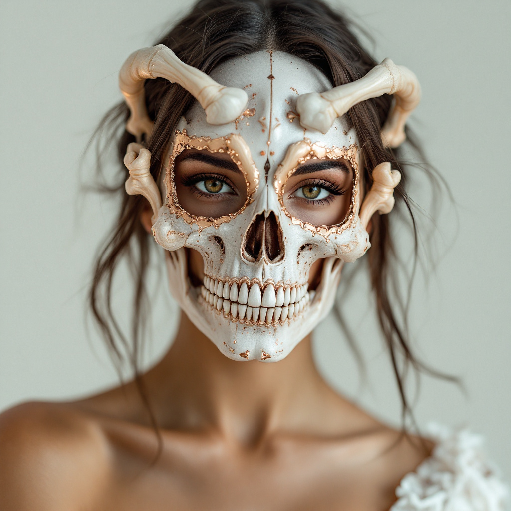 صورة مولدة بالذكاء الاصطناعي: FLUX prompt: photo portrait of a woman wearing a skull and bone... (نموذج FLUX - أزياء وموضة)