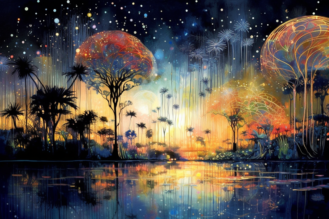 صورة مولدة بالذكاء الاصطناعي: Midjourney prompt: A night painting of an abstract ethereal semi - tr... (نموذج Midjourney - مناظر طبيعية)