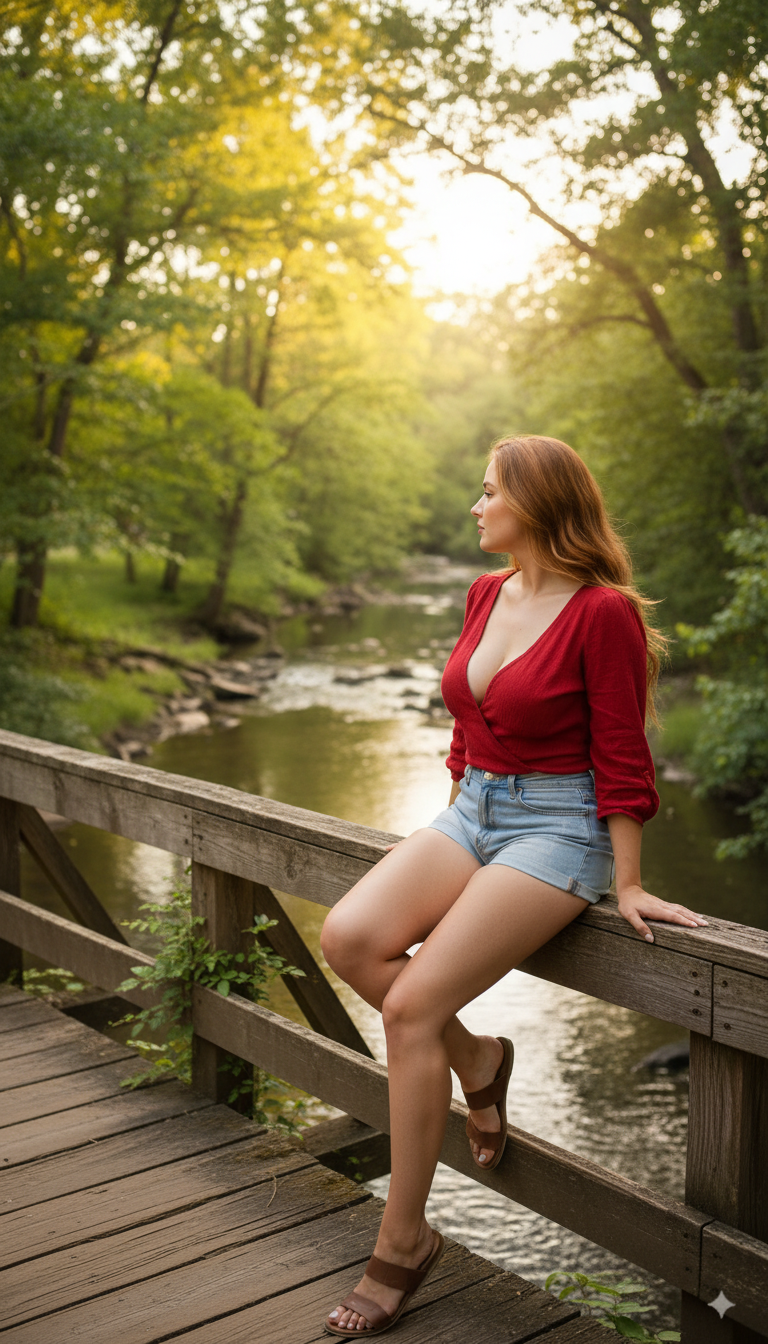 AI generated: Nano Banana prompt: A woman sits on the railing of a bridge overlookin... (Nano Banana - Portraits)