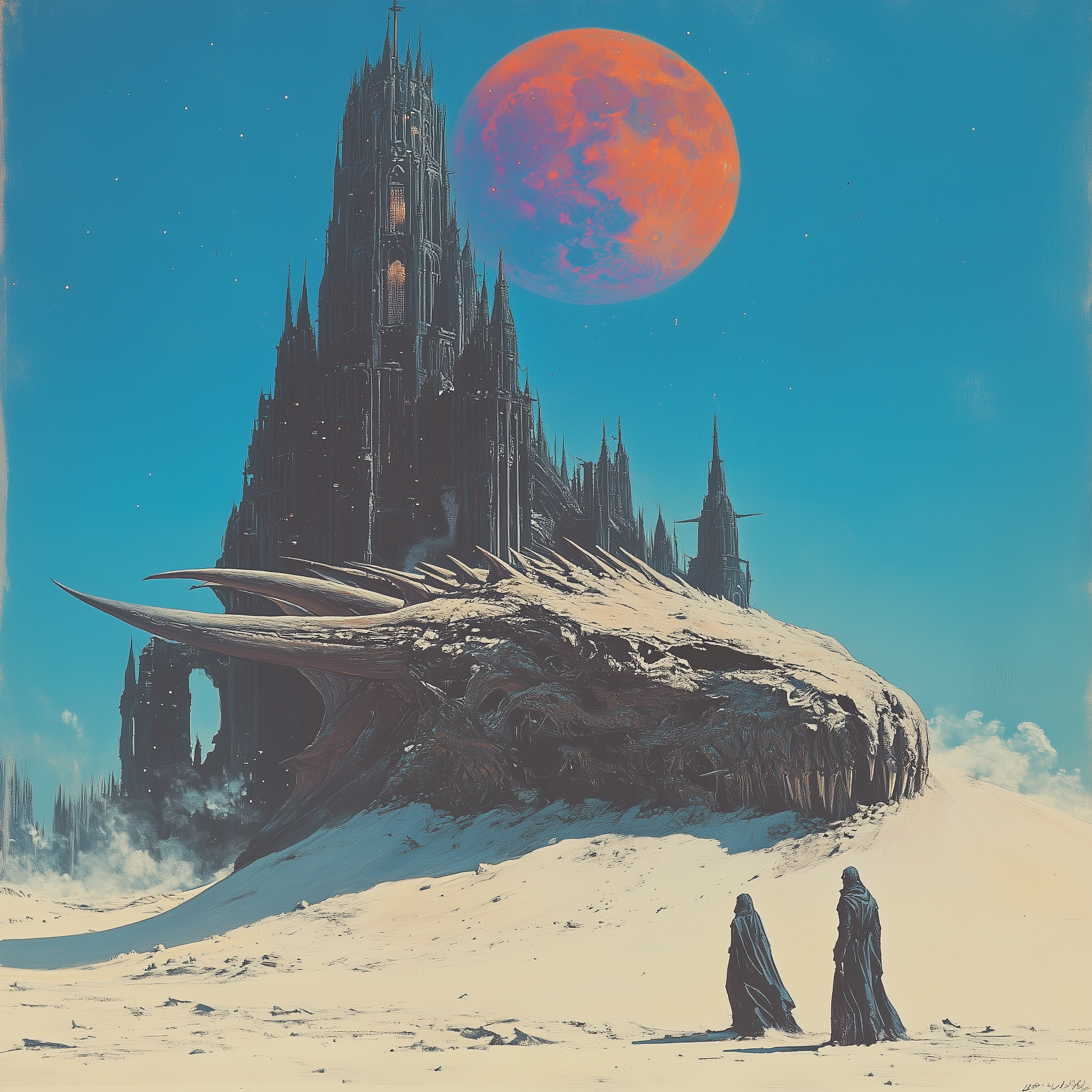 صورة مولدة بالذكاء الاصطناعي: Midjourney prompt: A giant dragon head, half-buried in the sand, with... (نموذج Midjourney - فن مفاهيمي)