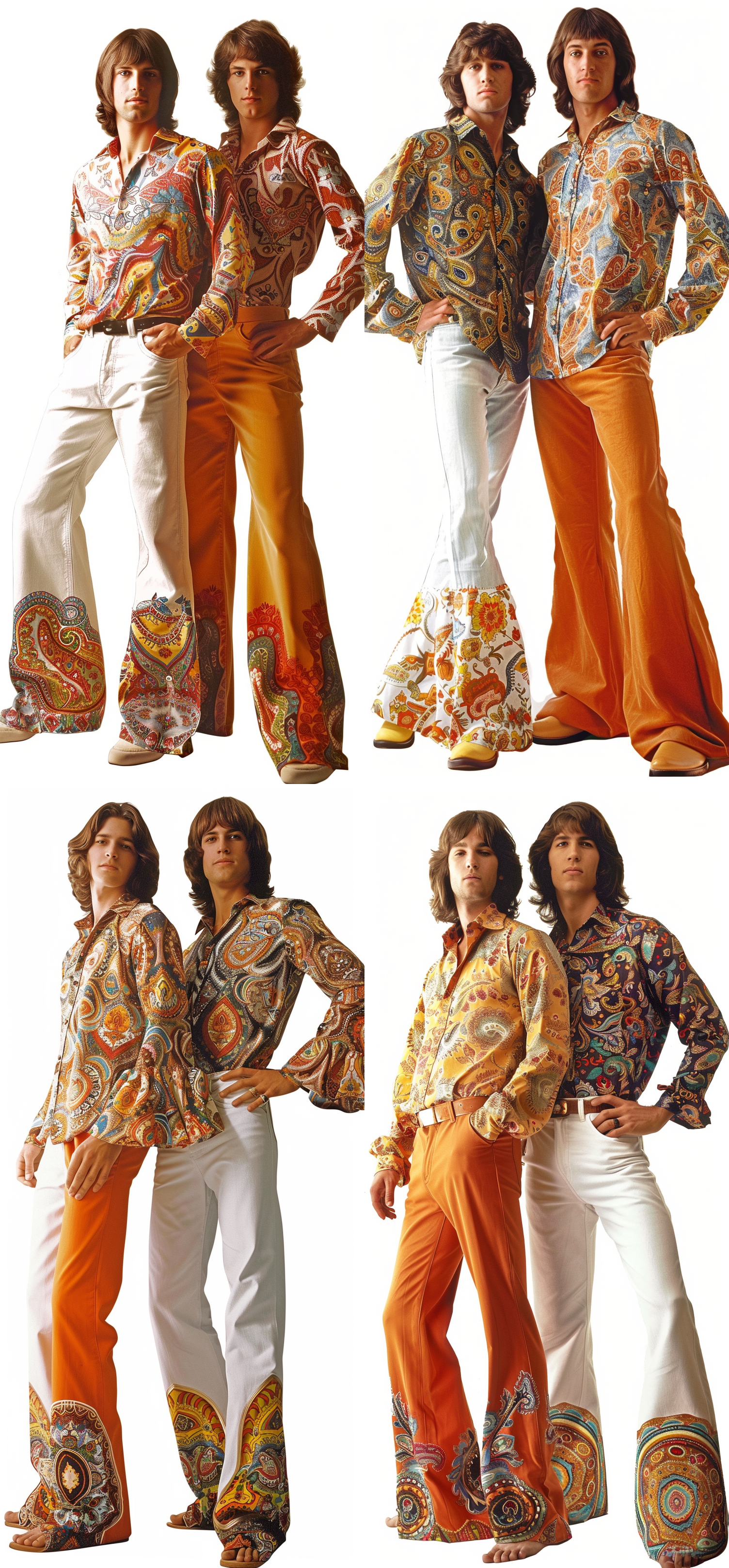 Midjourney prompt: Two men in bellbottom jeans and paisley shirts aga... - Midjourney
