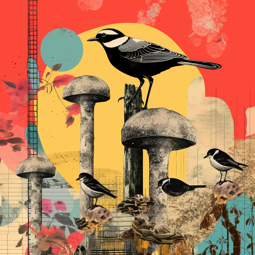 AI generated: Midjourney prompt: a collage illustration of birds and giant mushroom... (Midjourney - Concept Art)