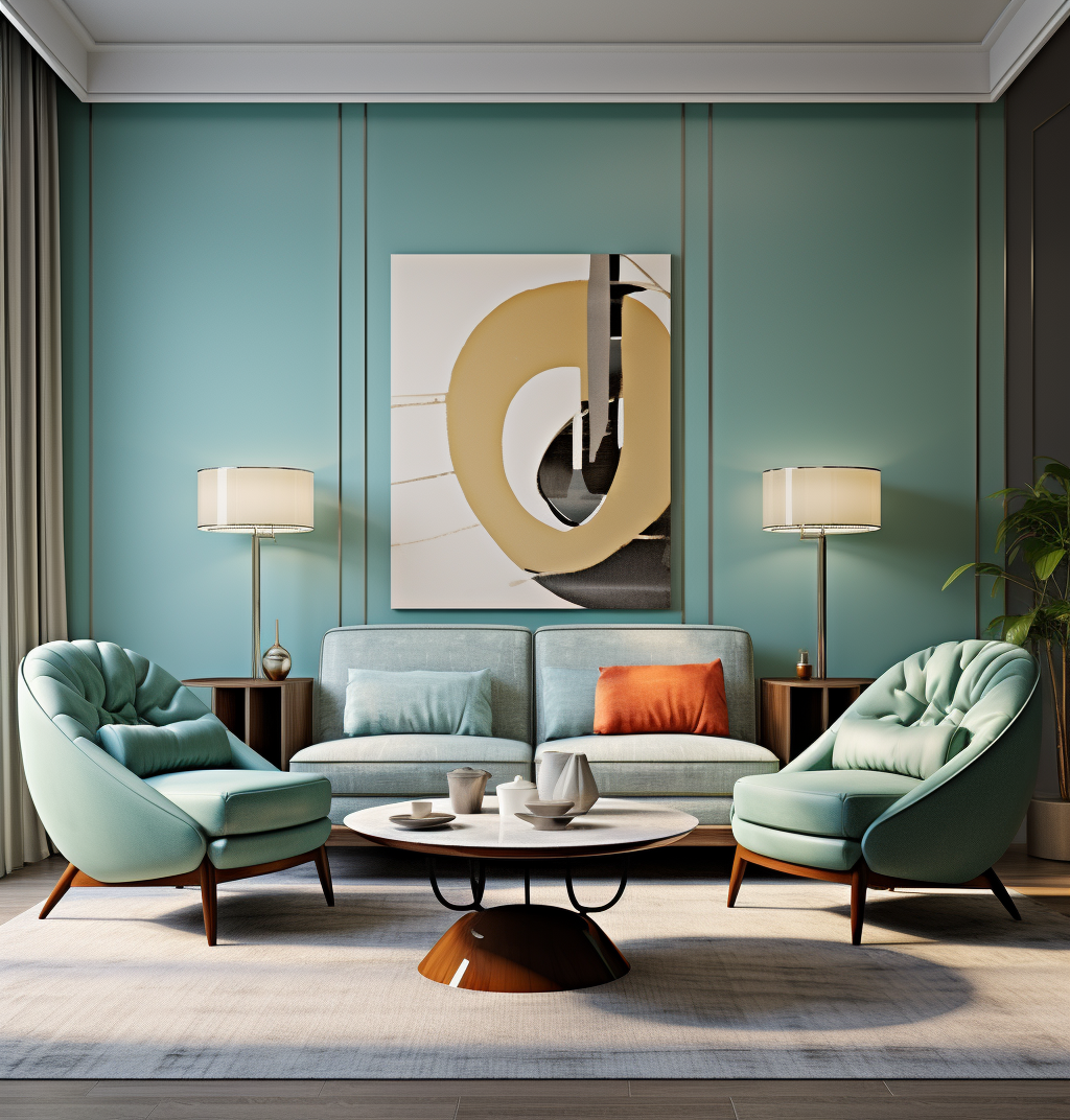 Midjourney prompt: blue living room design, in the style of 1960s, li... - Midjourney