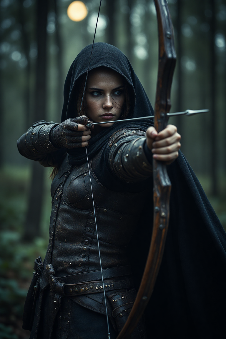 صورة مولدة بالذكاء الاصطناعي: FLUX prompt: A master archer in studded leather armor and a flo... (نموذج FLUX - تصوير فوتوغرافي)