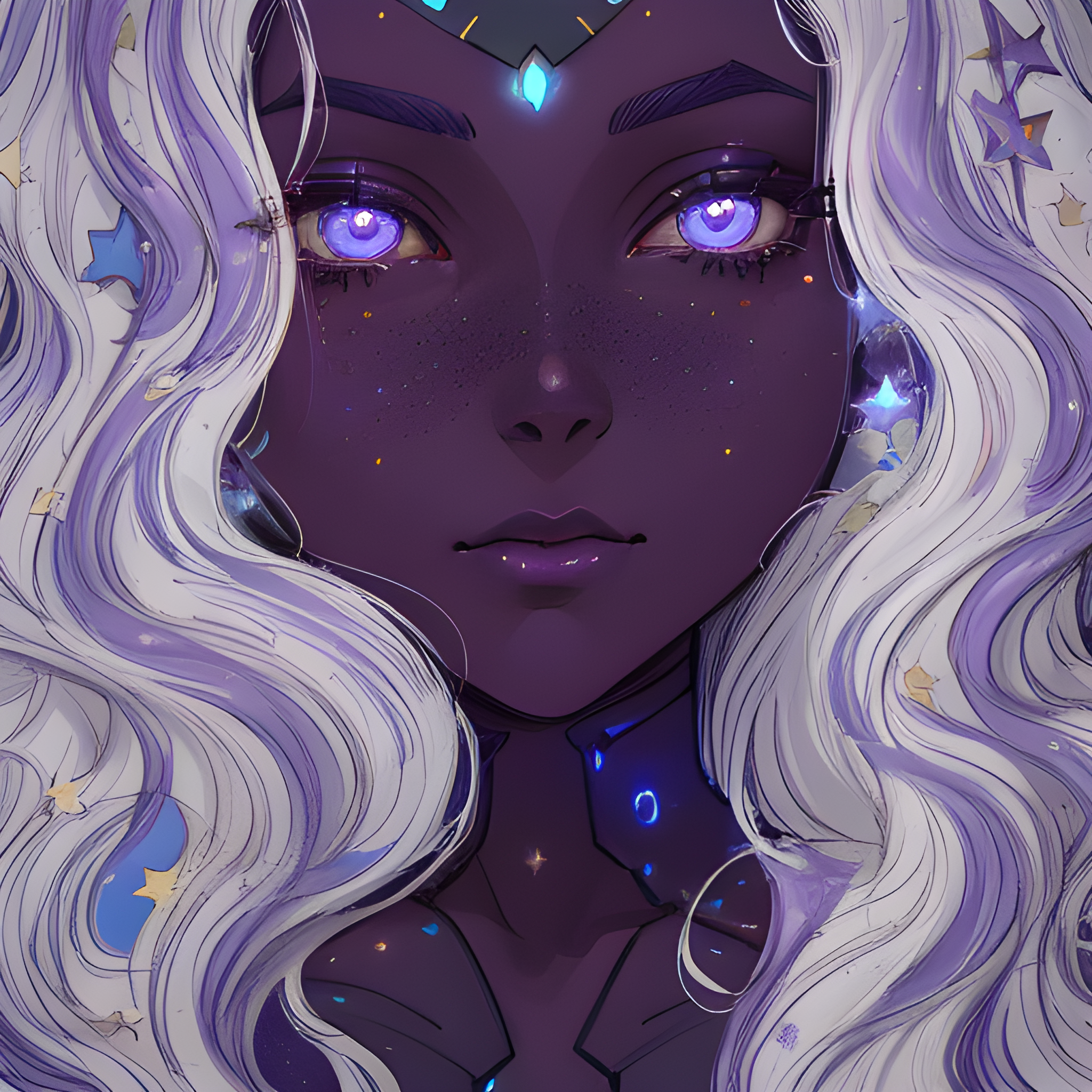 Deliberate prompt: a woman with long white hair and stars on her face... - Deliberate