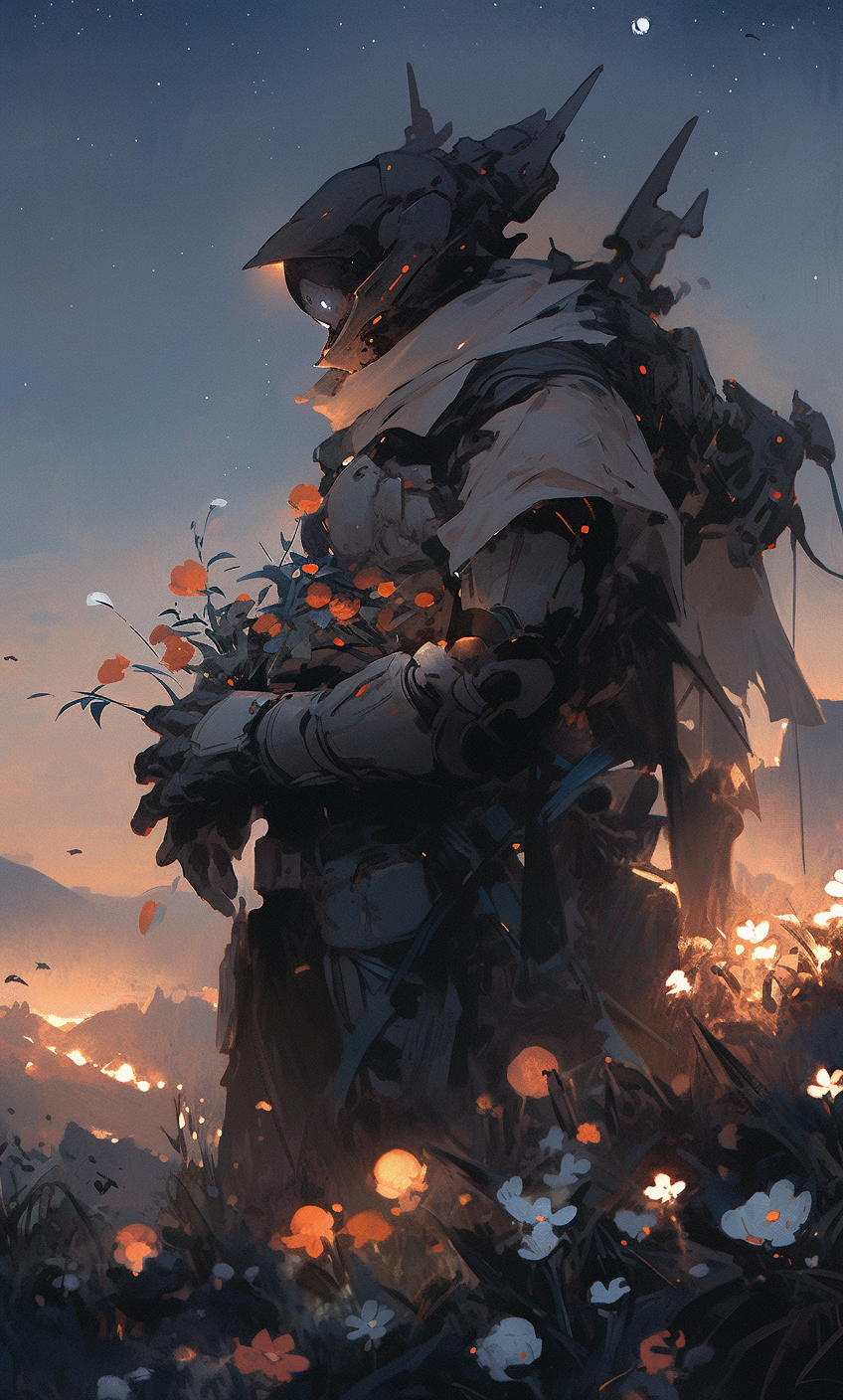 صورة مولدة بالذكاء الاصطناعي: Midjourney prompt: a robotic character is standing in the night, in t... (نموذج Midjourney - Character Design)