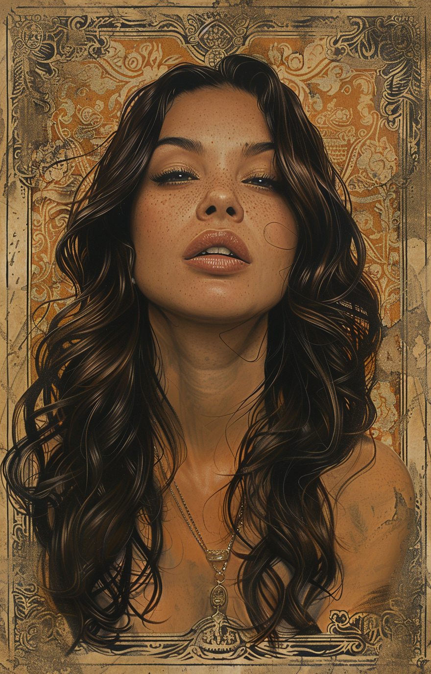 AI generated: Midjourney prompt: an old framed portrait of a woman with long hair, ... (Midjourney - Portraits)