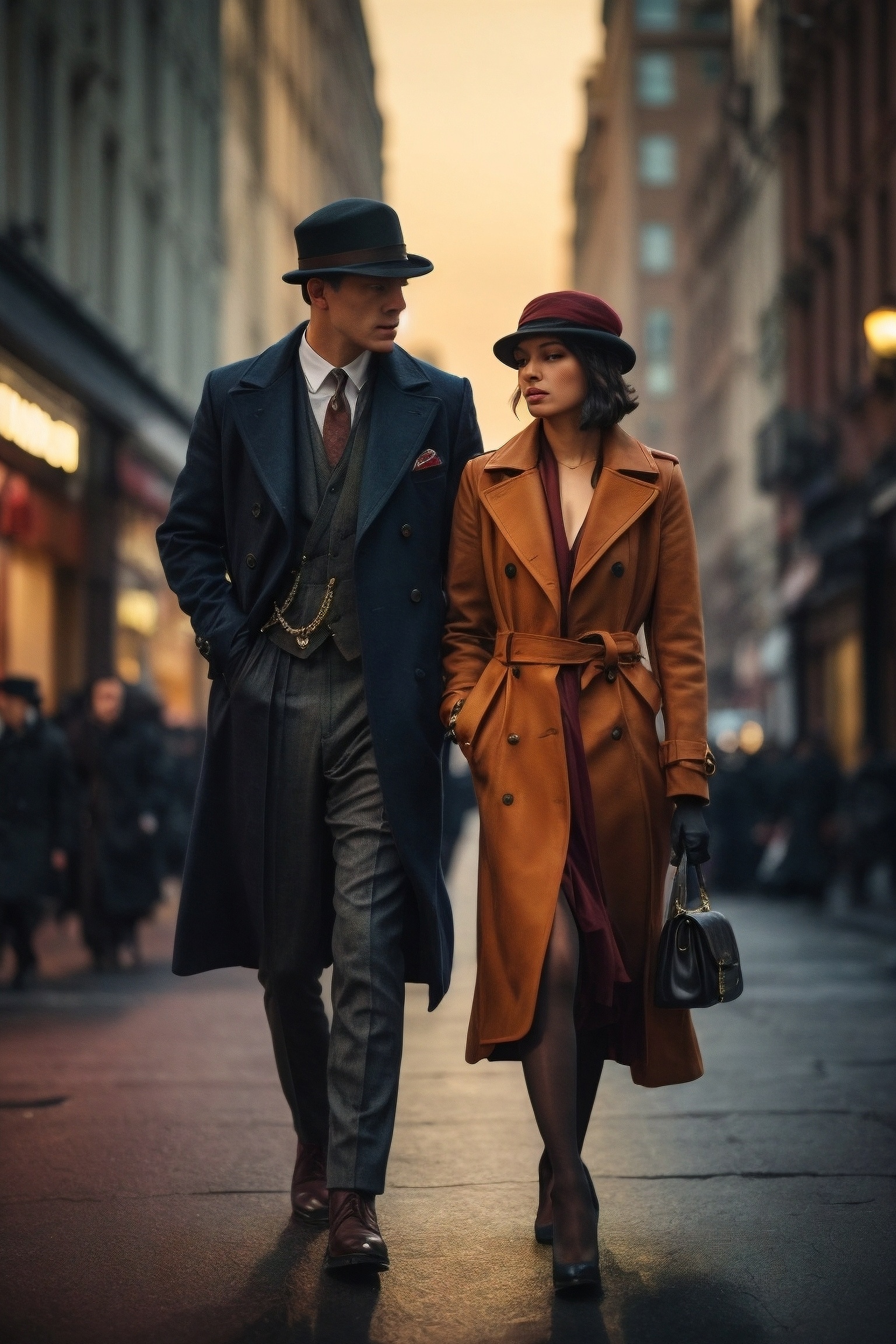 AI generated: Midjourney prompt: "As the sun sets over the city, a couple make the... (Midjourney - Fashion)