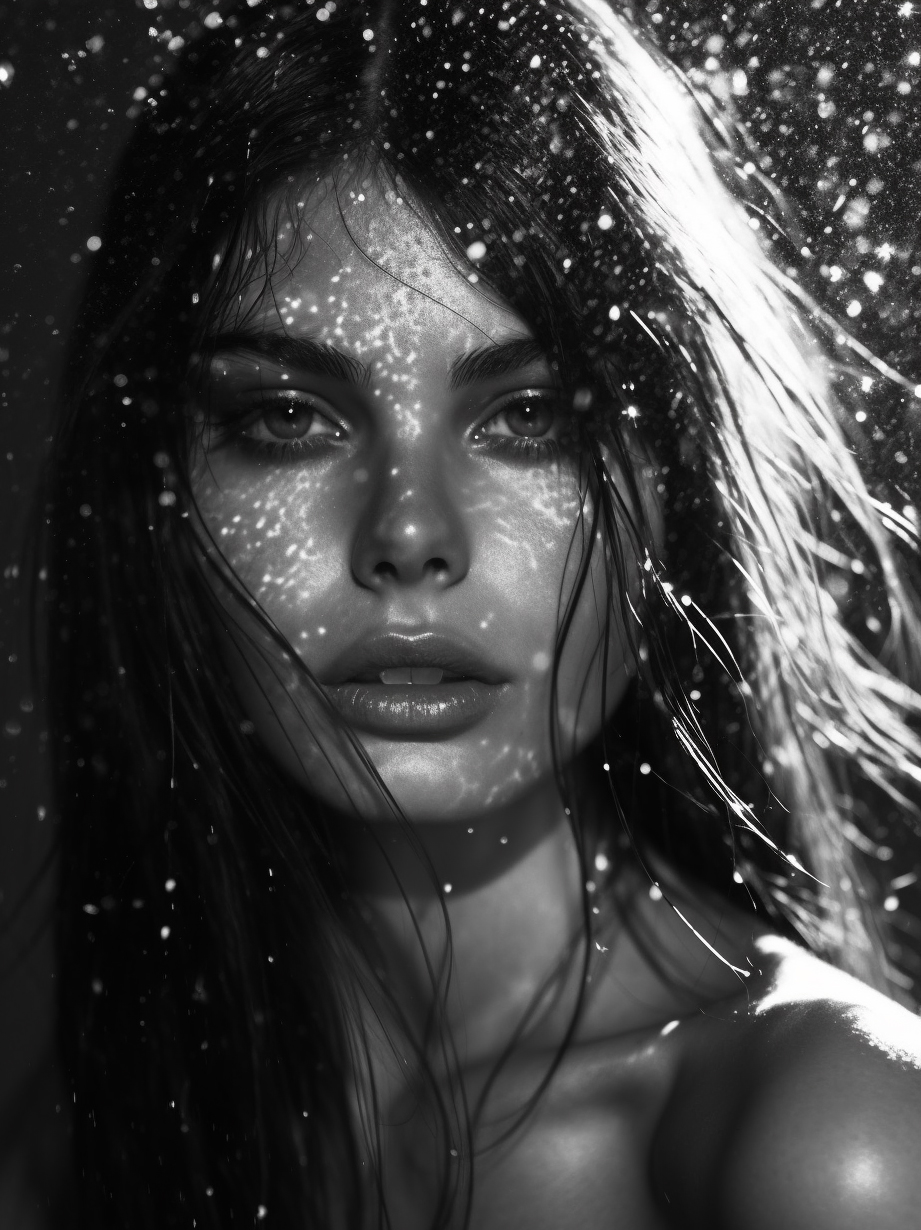 Midjourney prompt: a black and white photo of a woman with wet hair, ... - Midjourney