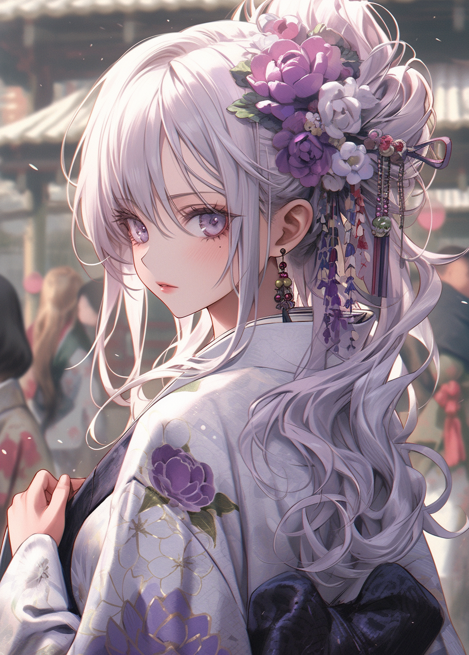 Midjourney prompt: a girl with white hair in a purple kimono and a fl... - Midjourney
