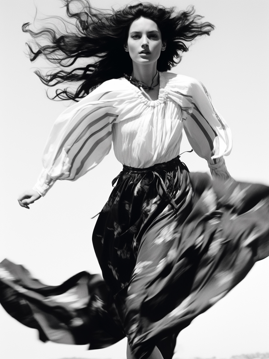 AI generated: Midjourney prompt: a black and white photo of a woman running, by Ric... (Midjourney - Fashion)