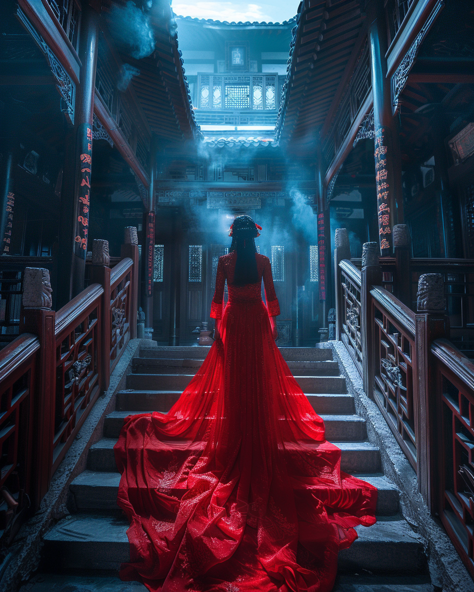 Midjourney prompt: A red clothed girl in an ancient Chinese style roo... - Midjourney