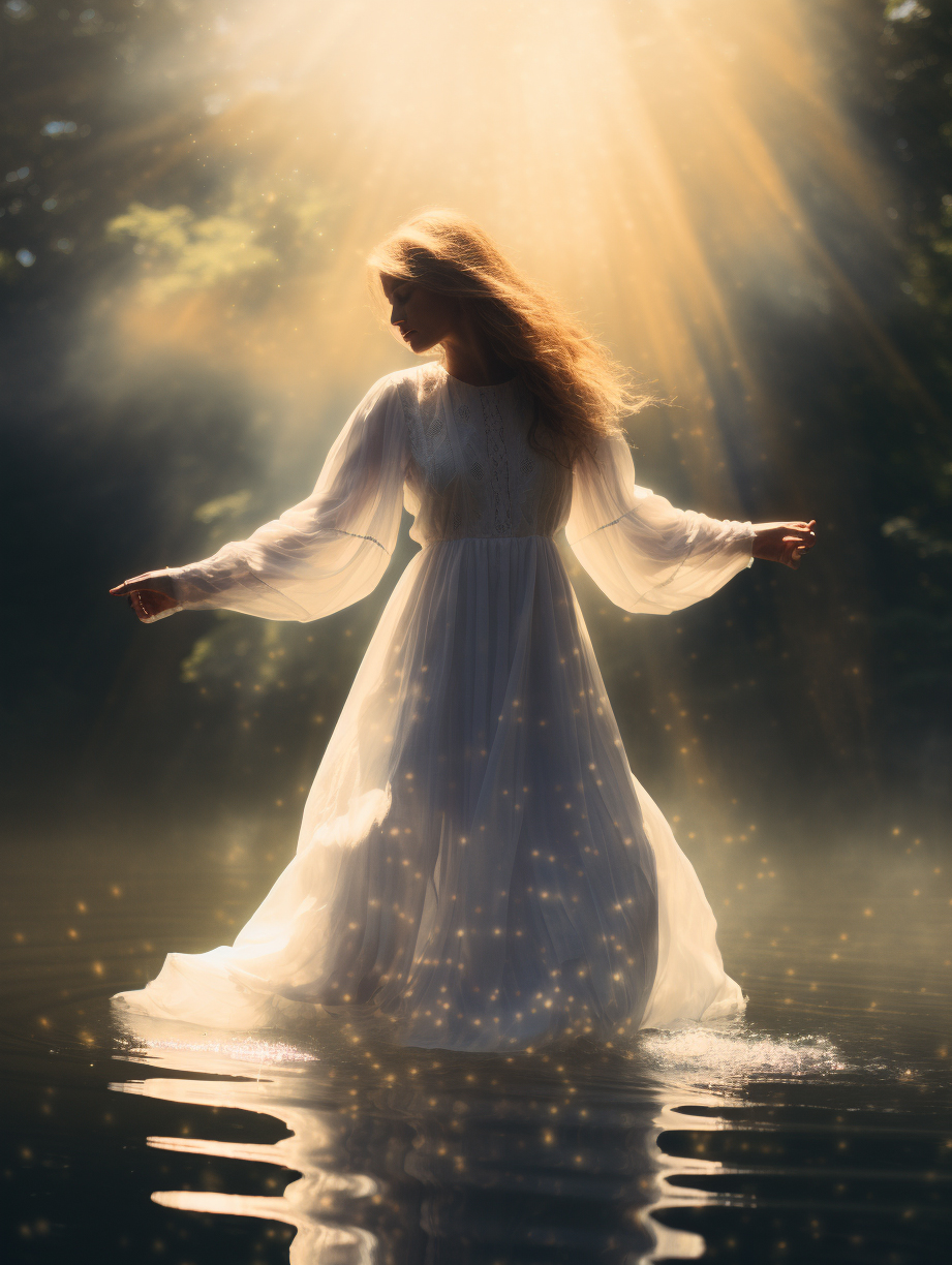 AI generated: Midjourney prompt: a person walking down a tree lined road, rays of ... (Midjourney - Fashion)