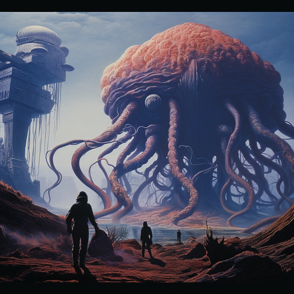 AI generated: Midjourney prompt: life on an alien planet, haze, ultra-detailed, fil... (Midjourney - Landscapes)