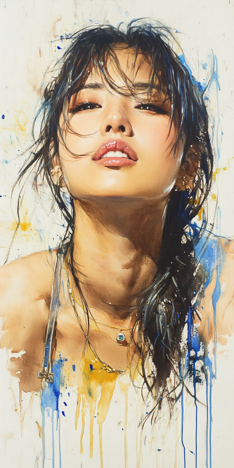 Midjourney prompt: ink painting of a Korean woman, 25-30 years old, A... - Midjourney