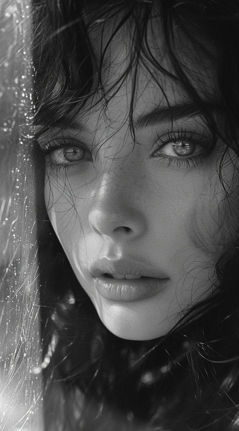 Midjourney prompt: a black and white picture of a woman looking throu... - Midjourney