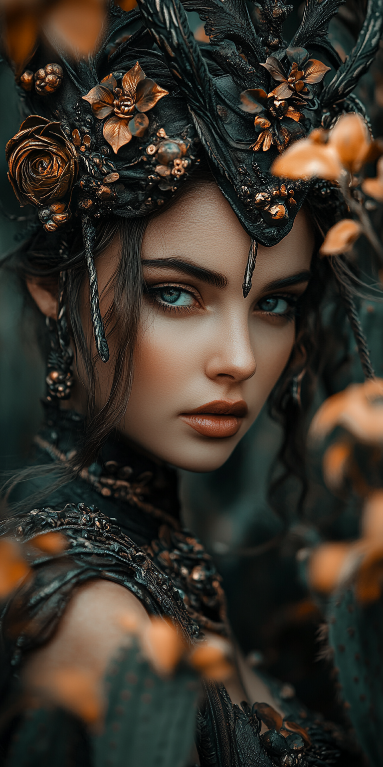 صورة مولدة بالذكاء الاصطناعي: Midjourney prompt: A stunningly beautiful dark-haired fae queen, wear... (نموذج Midjourney - تصوير فوتوغرافي)