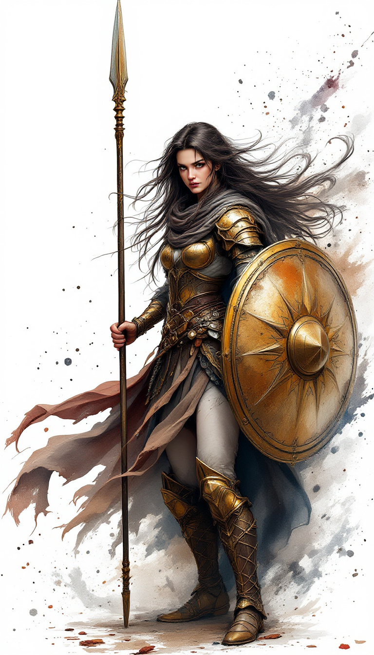 صورة مولدة بالذكاء الاصطناعي: FLUX prompt: 1 woman, spear, long flowing hair, dark brown hair... (نموذج FLUX - صور شخصية)