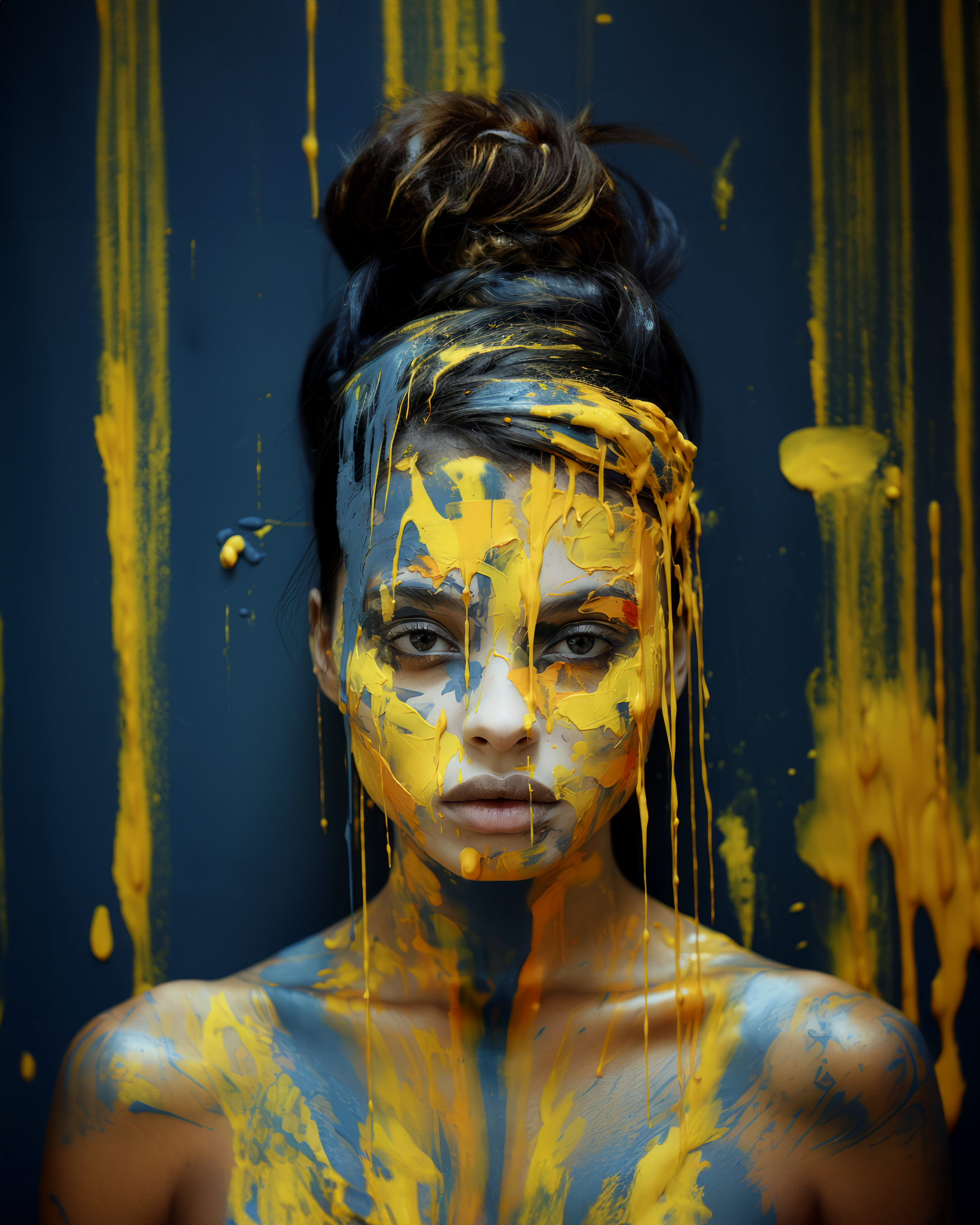 صورة مولدة بالذكاء الاصطناعي: Midjourney prompt: a girl with paint on her face, in the style of dar... (نموذج Midjourney - صور شخصية)