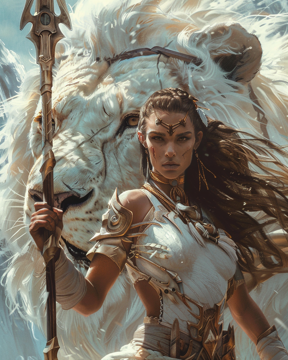 AI generated: Midjourney prompt: A female warrior holding the head of an enormous w... (Midjourney - Character Design)