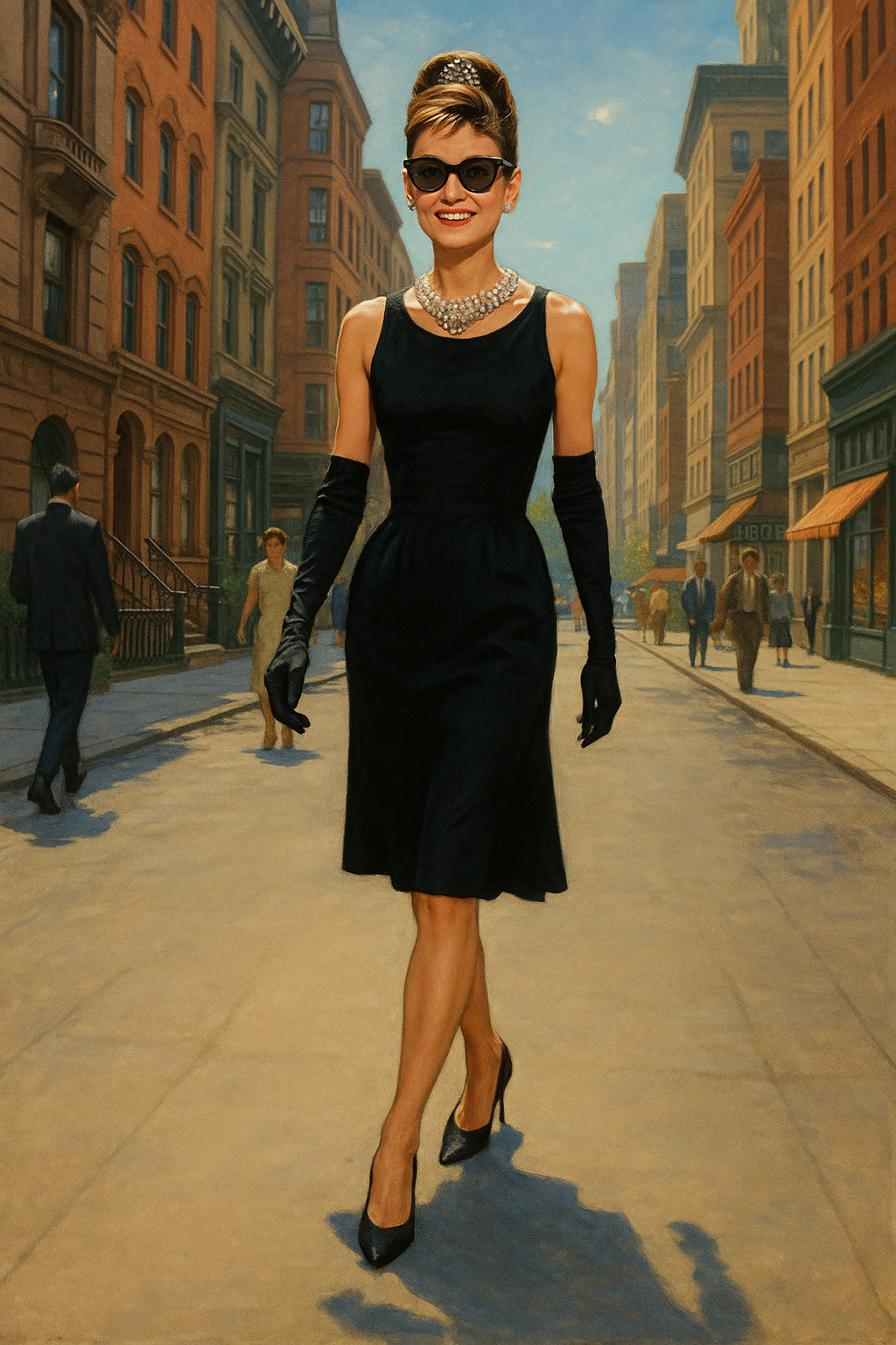 صورة مولدة بالذكاء الاصطناعي: ChatGPT Image prompt: Create a full-body illustration of Audrey Hepburn ... (نموذج ChatGPT Image - عمارة وتصميم)