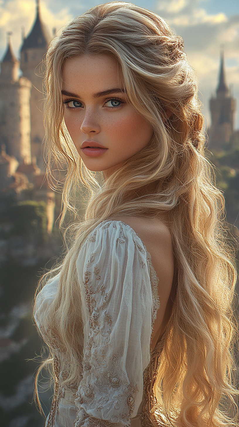 AI generated: Midjourney prompt: A woman with porcelain skin and long, wavy blonde ... (Midjourney - Portraits)