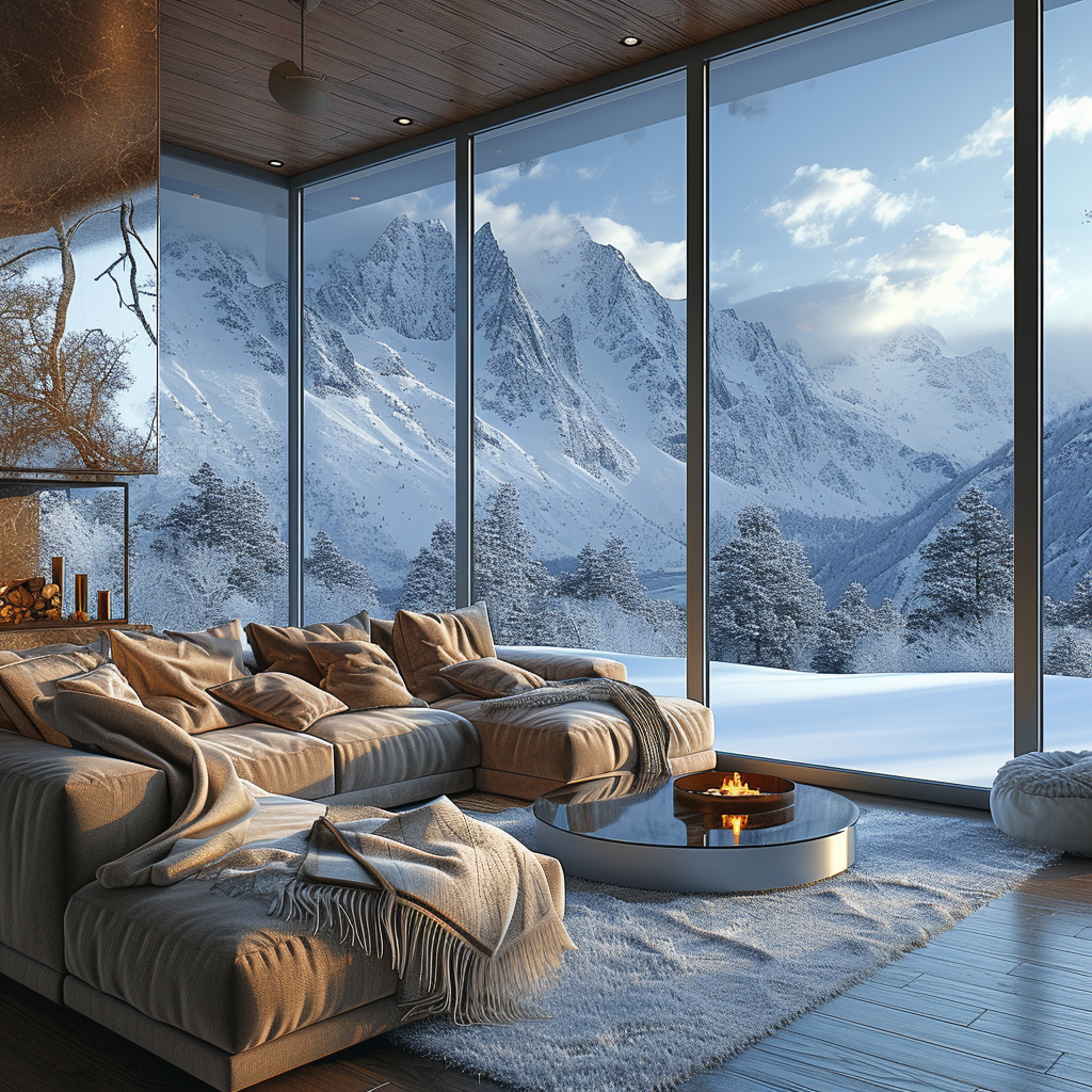 AI generated: Midjourney prompt: Winter Atmosphere Snowfall on the Mountains ~ Luxu... (Midjourney - Interior Design)