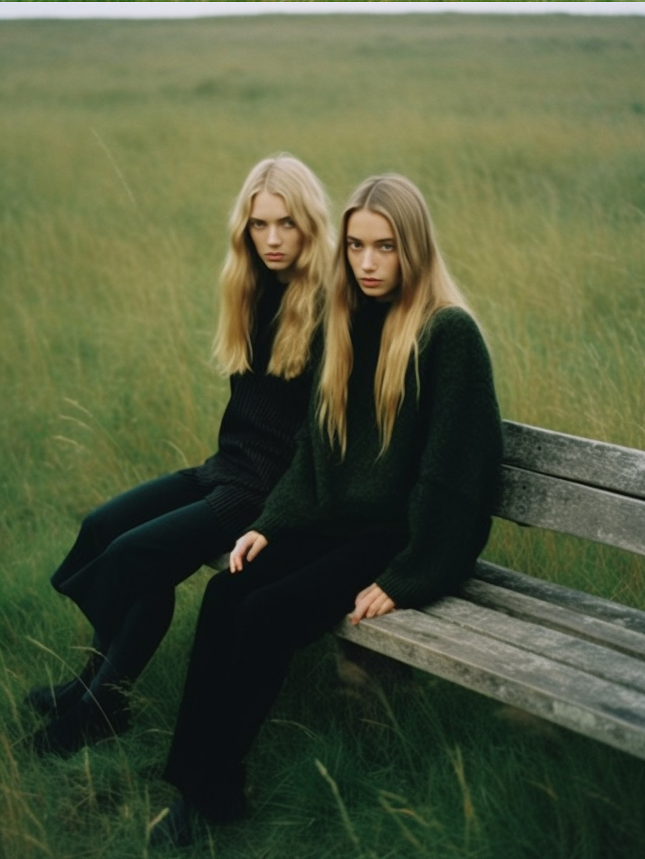 AI generated: Midjourney prompt: a couple of women sitting on top of a wooden bench... (Midjourney - Fashion)
