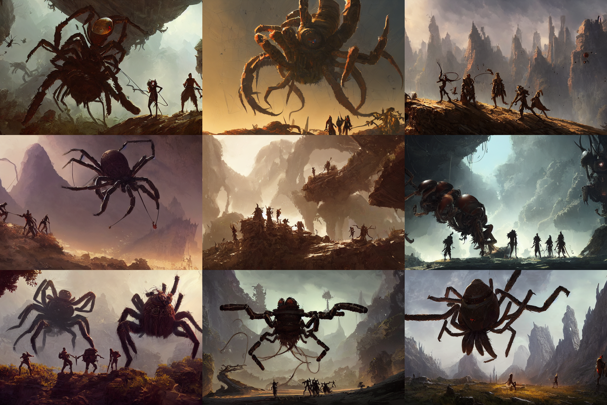 Stable Diffusion prompt: an adventurer group with a giant...