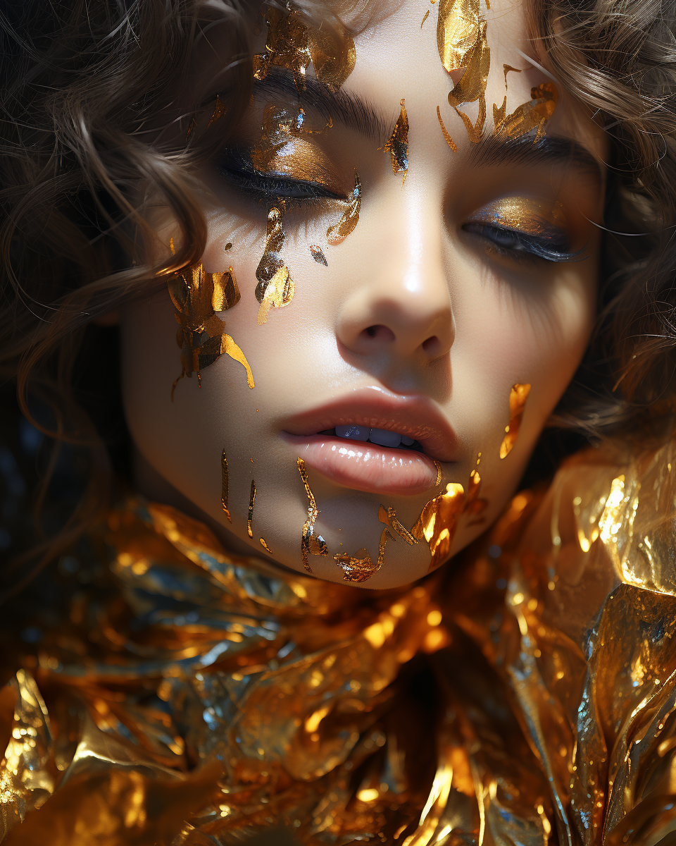 Midjourney prompt: a young woman in a golden dress with glitters cove... - Midjourney