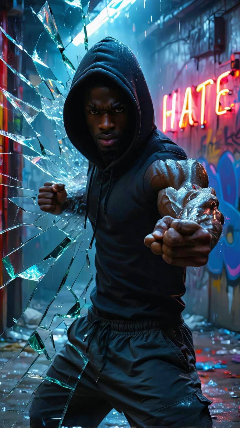 AI generated: Stable Diffusion prompt: A powerful Black male rapper mid-punch, shattering... (Stable Diffusion - Portraits)