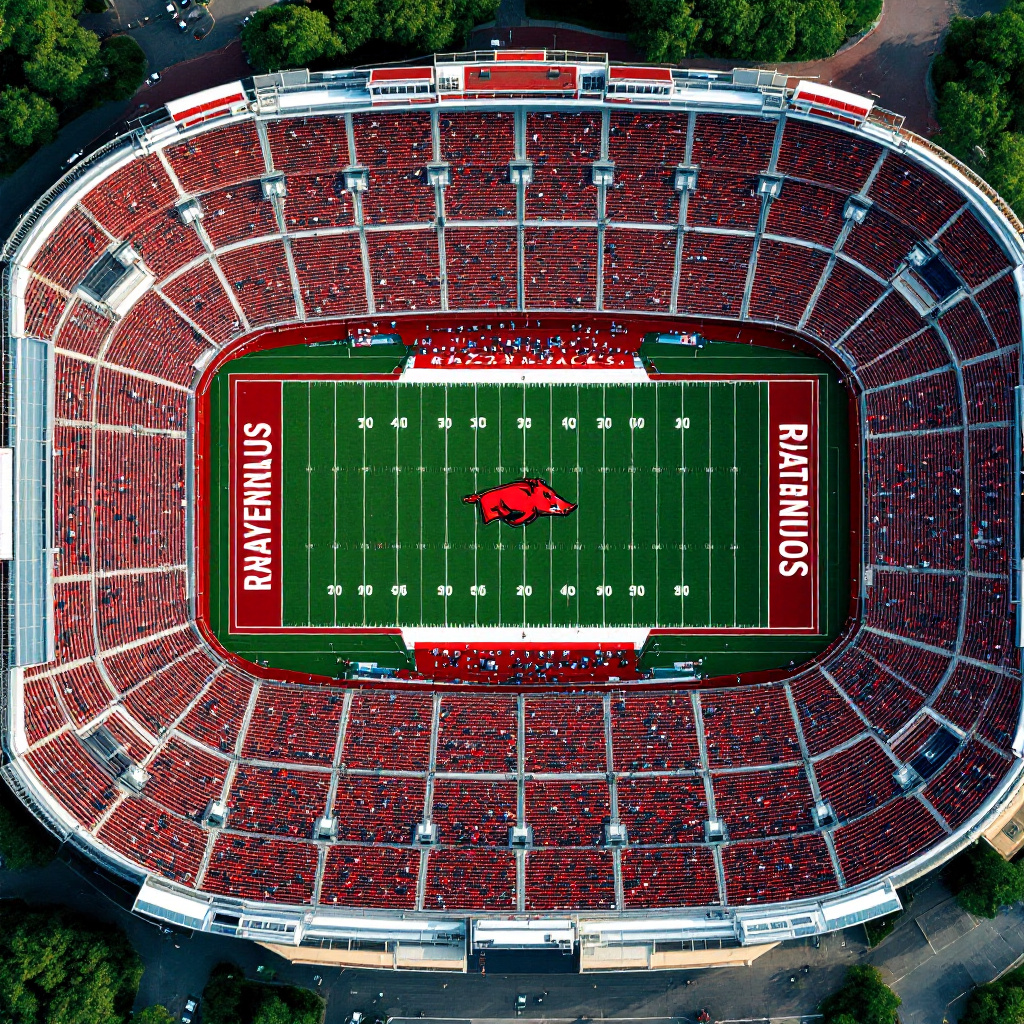 Texarcana Razorback Stadium FLUX prompt: “A top-down drone view of Reynolds Razorback...