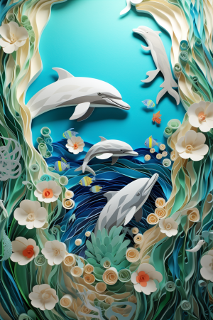 AI generated: Midjourney prompt: Nine curious dolphins have a leap at the top of a ... (Midjourney - 3d Renders)