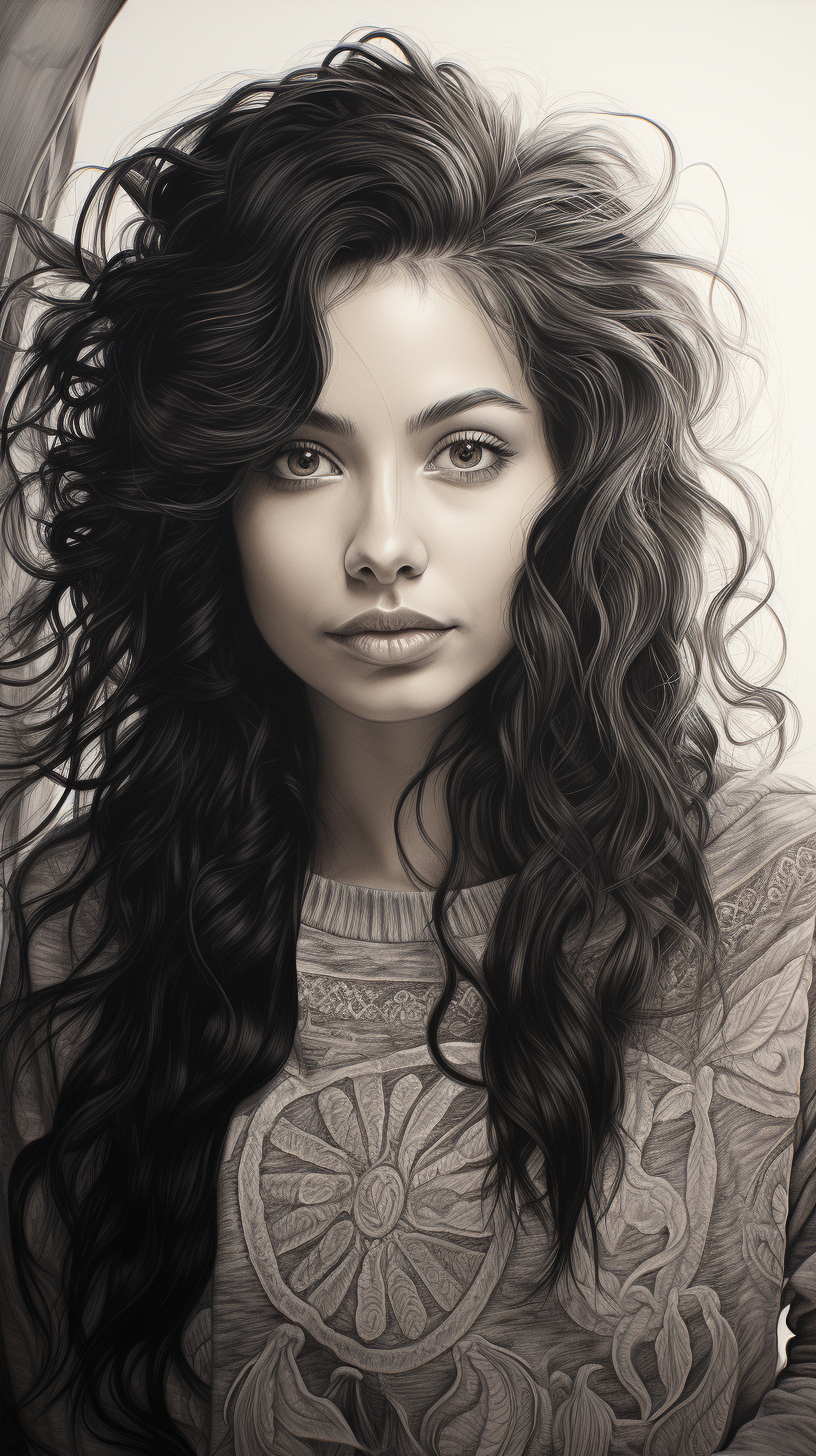 Midjourney prompt: a pencil drawing of an Indian woman in a sweater, ... - Midjourney