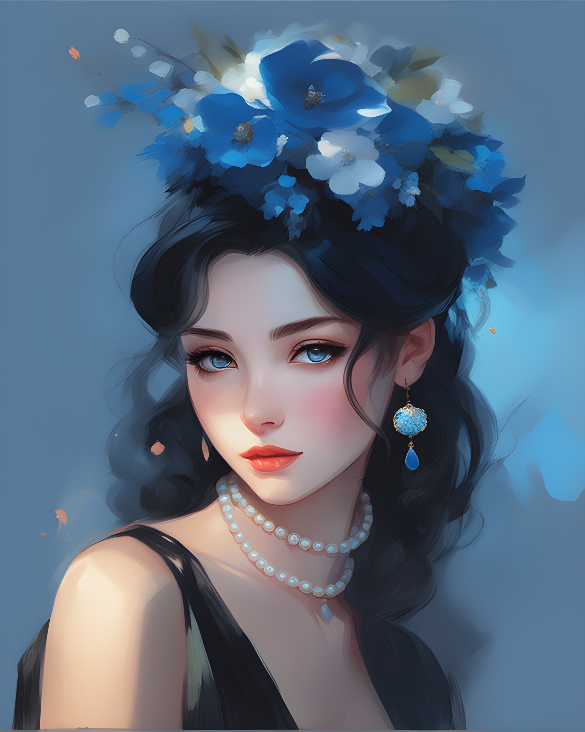 Deliberate prompt: painting of a woman with a blue flowered hat and p... - Deliberate