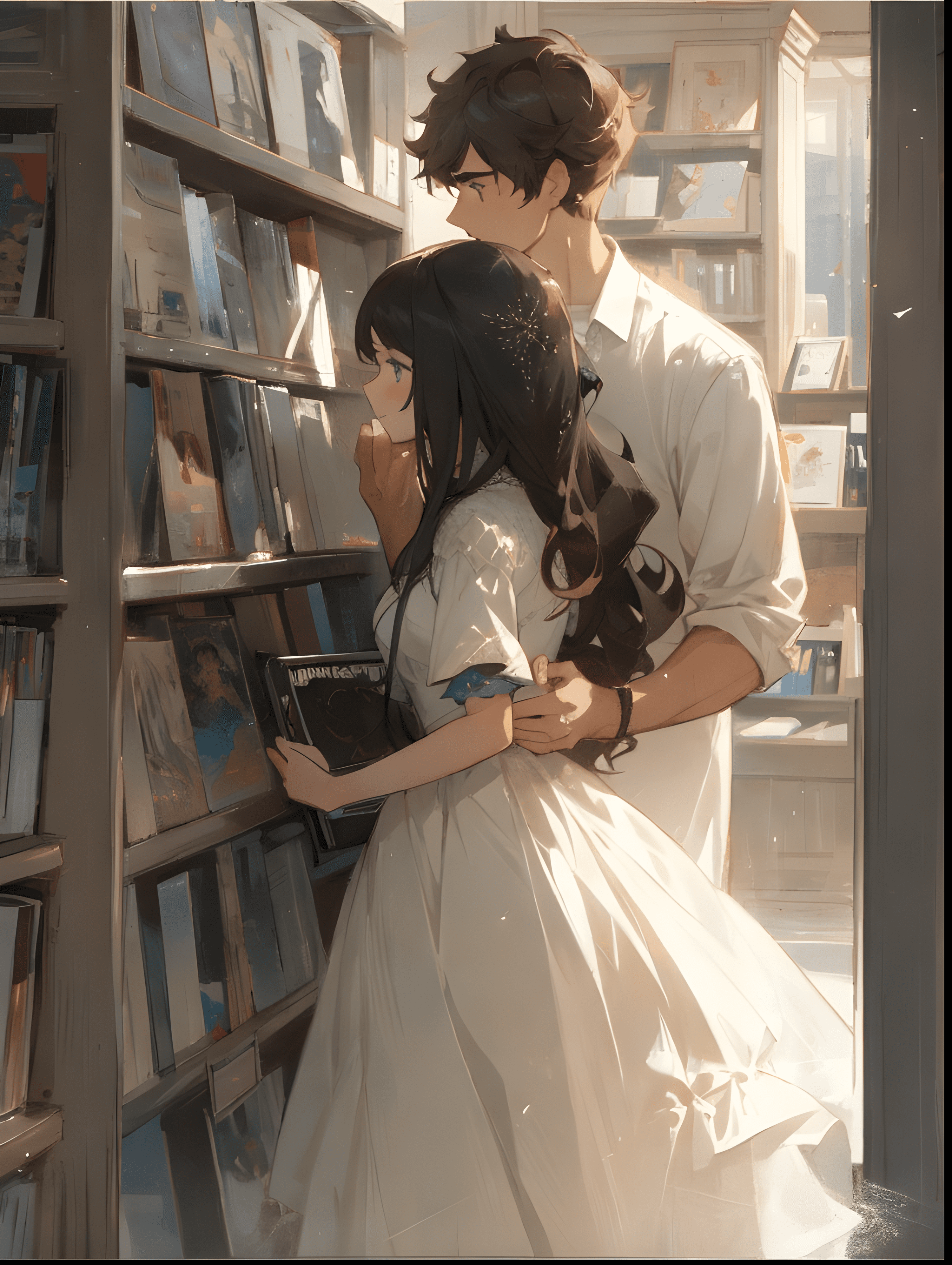 Counterfeit-V2.5 prompt: a man and a woman standing in front of a bookshelf... - Counterfeit-V2.5