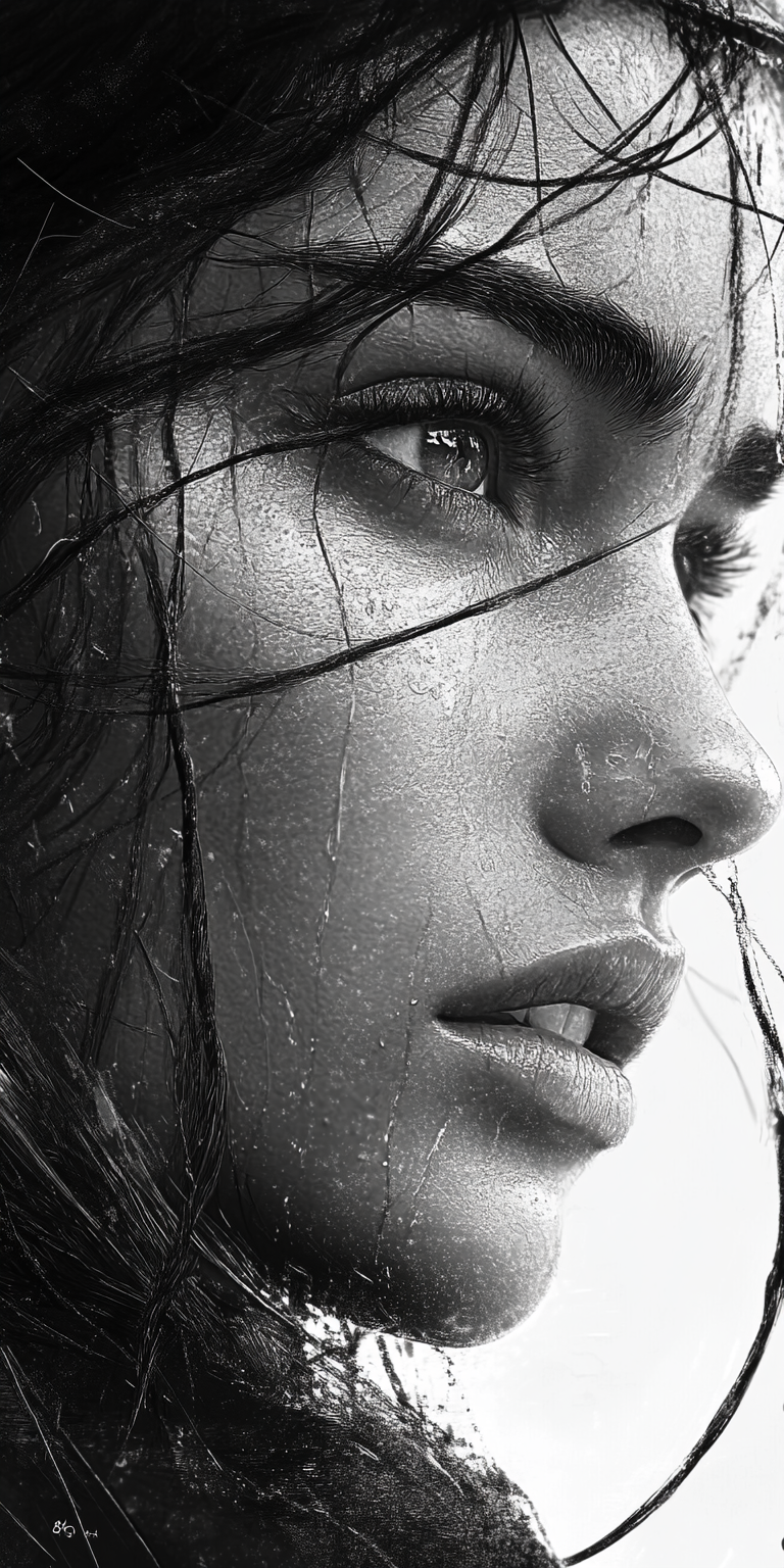 AI generated: Midjourney prompt: the woman in black and white with long hair, in th... (Midjourney - Portraits)