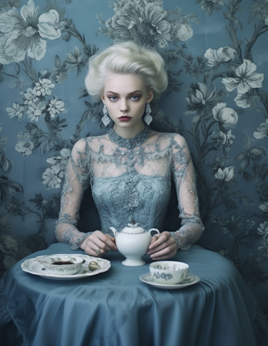 AI generated: Midjourney prompt: a woman sitting at a table , by Valerie Petts, tum... (Midjourney - Fashion)