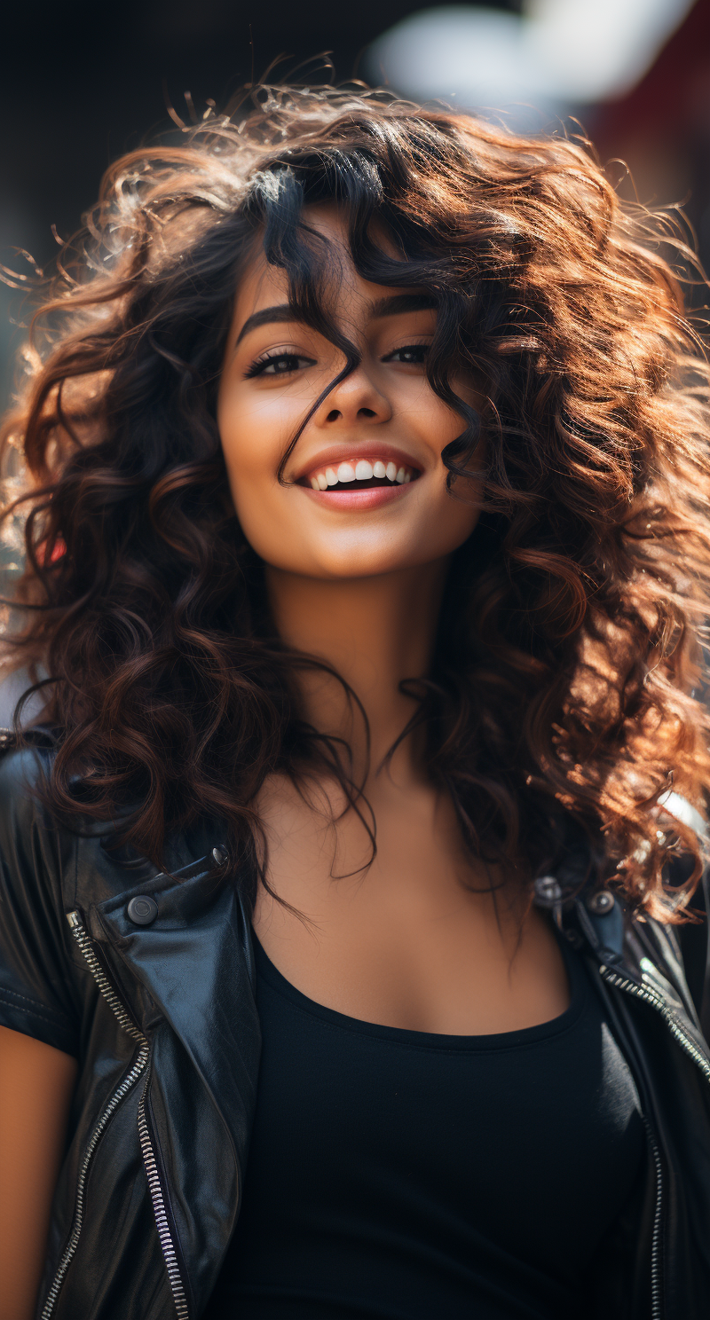 AI generated: Midjourney prompt: woman smiling in black and white with curly hair, ... (Midjourney - Photography)
