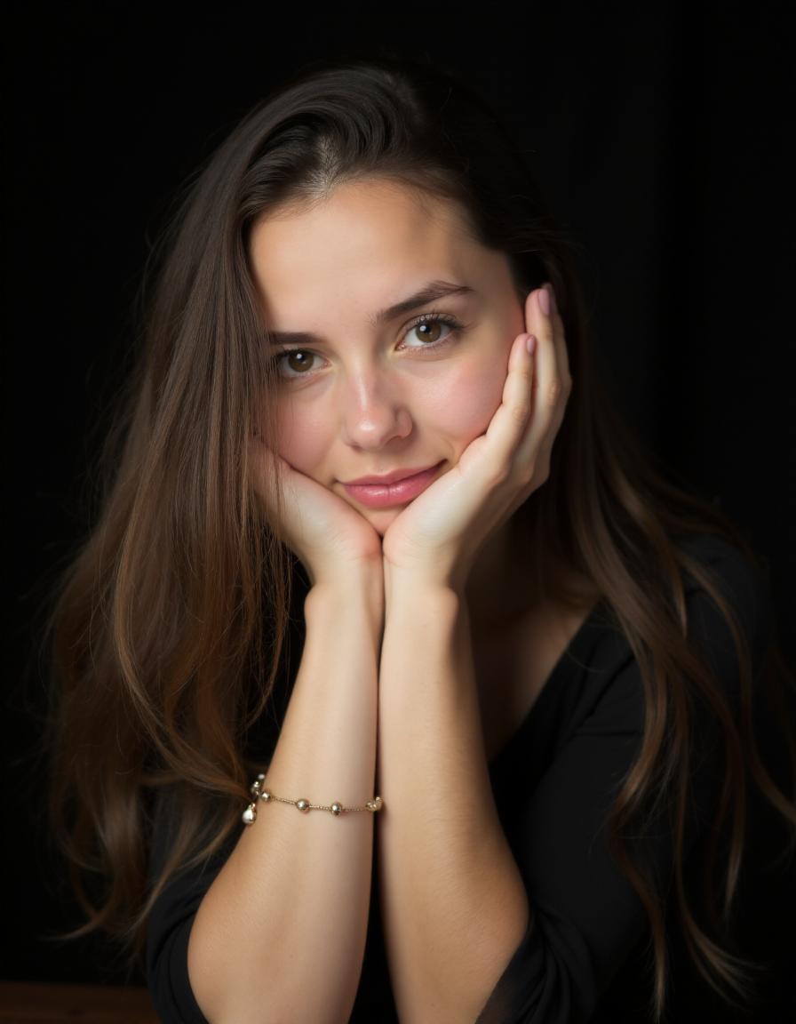 AI generated: FLUX prompt: A [young] woman with [long, wavy brunette hair] re... (FLUX - Portraits)