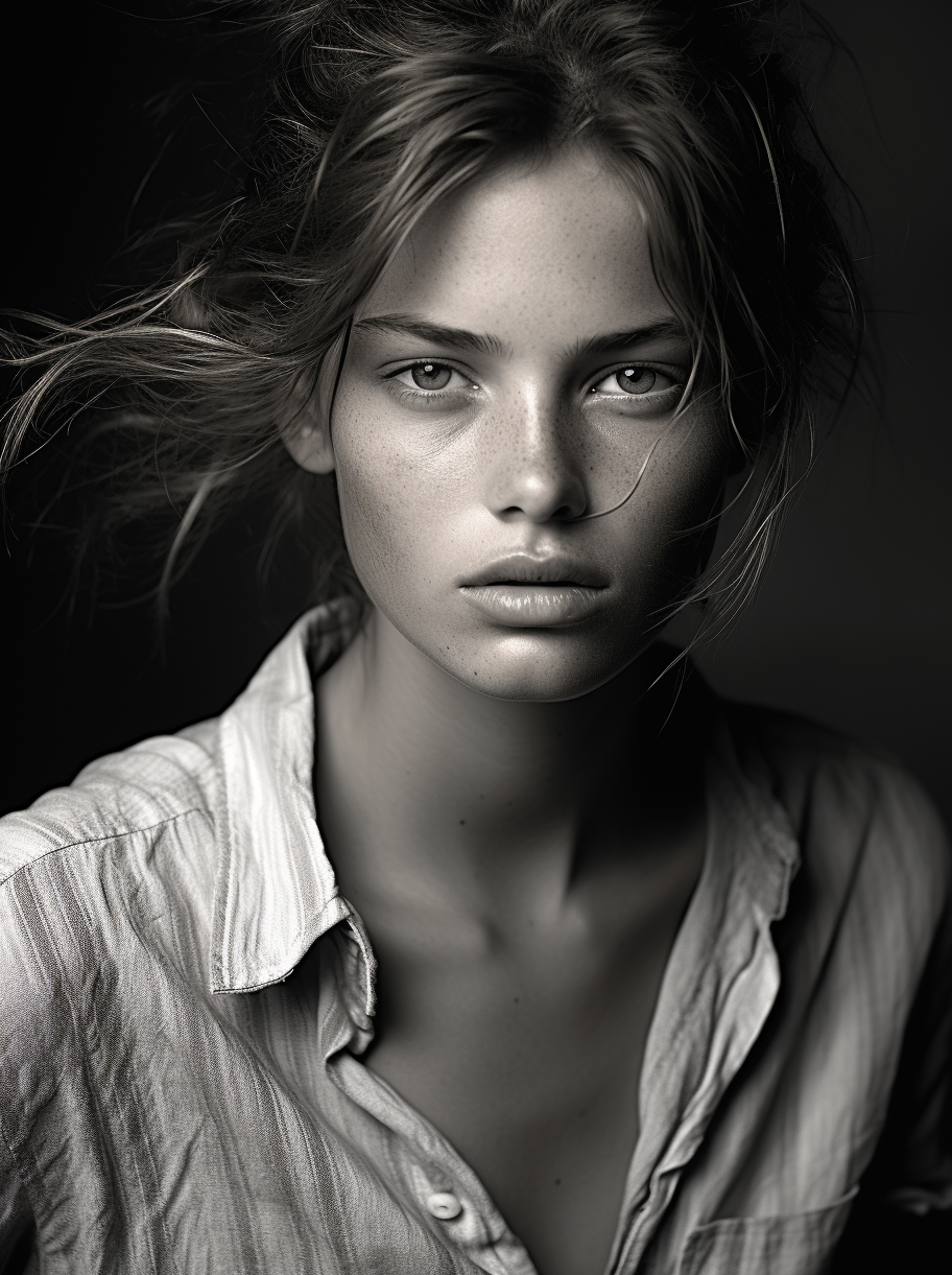 Midjourney prompt: a black and white photo of a woman, dress shirt, s... - Midjourney