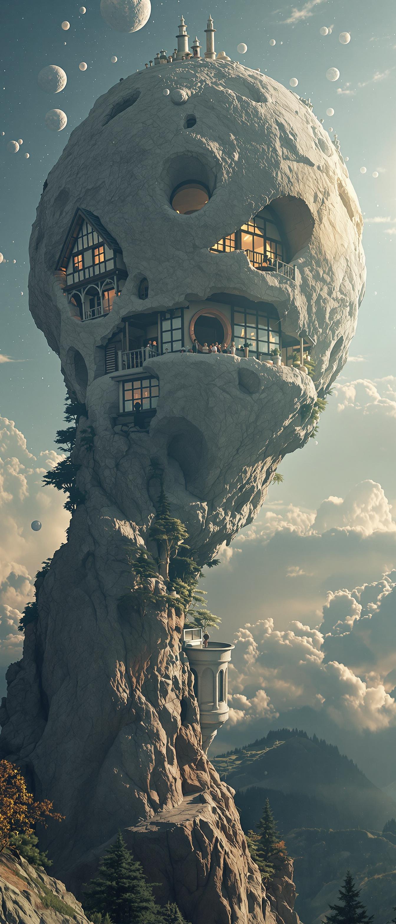 صورة مولدة بالذكاء الاصطناعي: FLUX prompt: a house carved out of a large asteroid hovering in... (نموذج FLUX - فن مفاهيمي)