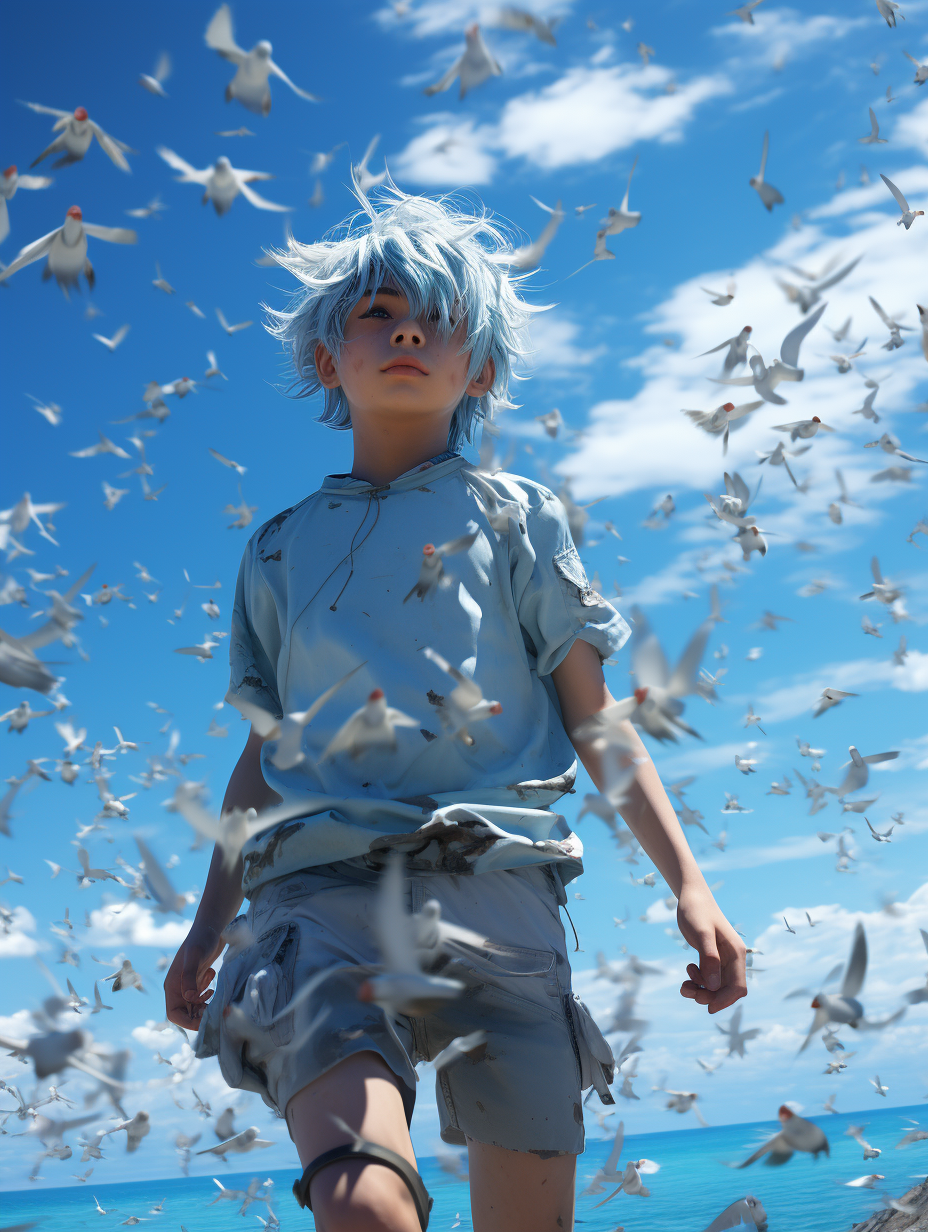 AI generated: Midjourney prompt: A boy with blue hair, wearing a technologically ad... (Midjourney - Portraits)