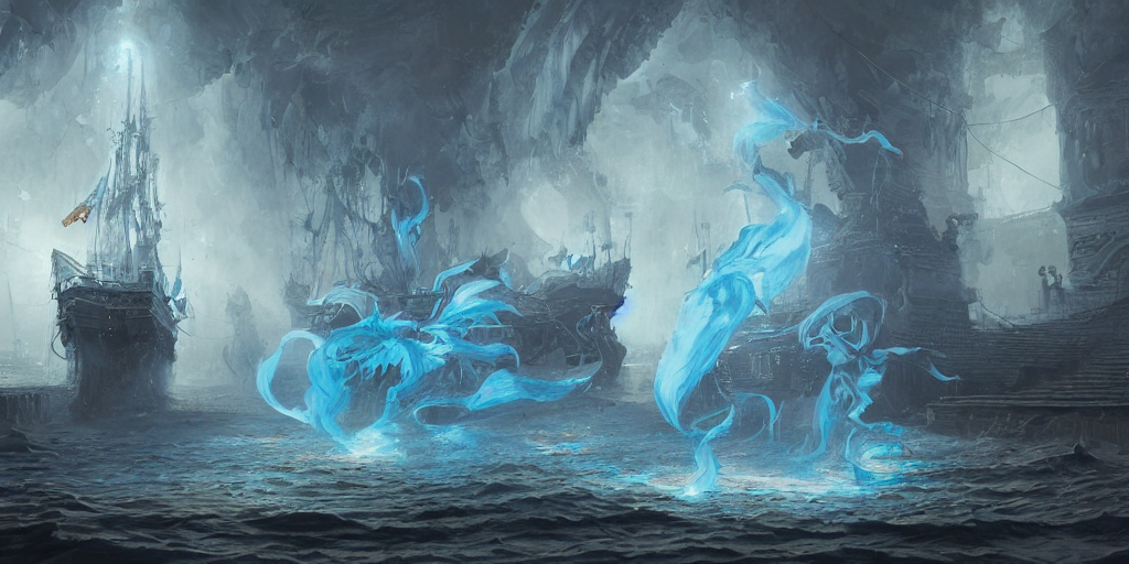 Stable Diffusion prompt: three bright blue floating ghost...