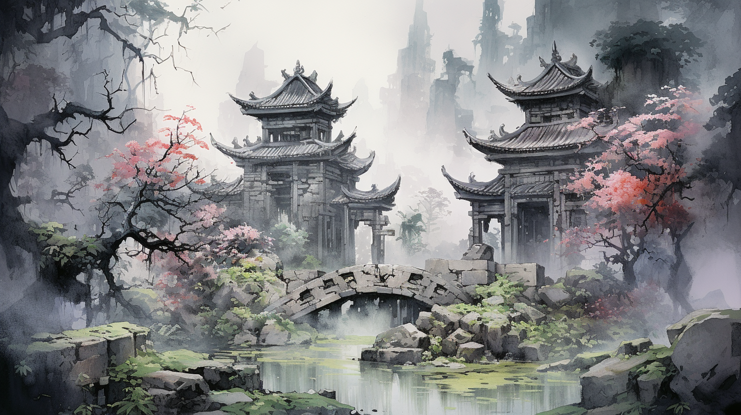Midjourney prompt: A traditional Chinese painting of an ancient hidde... - Midjourney