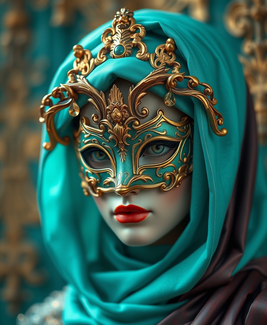 AI generated: FLUX prompt: a woman wearing an elaborate mask around her face,... (FLUX - Portraits)