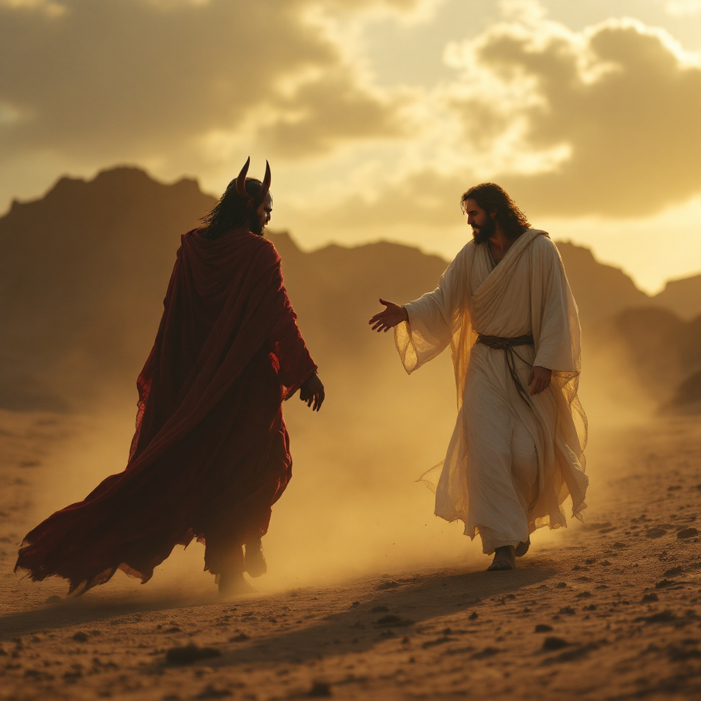 صورة مولدة بالذكاء الاصطناعي: FLUX prompt: Jesus will be on the right side walking along with... (نموذج FLUX - تصوير فوتوغرافي)